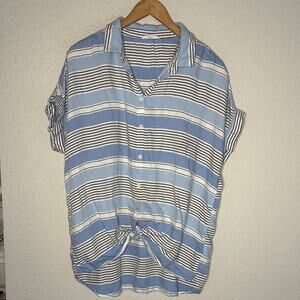 beachlunchlounge Blue, White & Black Striped Button-Down Tie Front Shirt